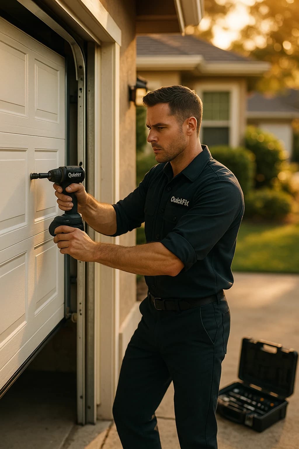 QuickFix technician installing a residential garage door